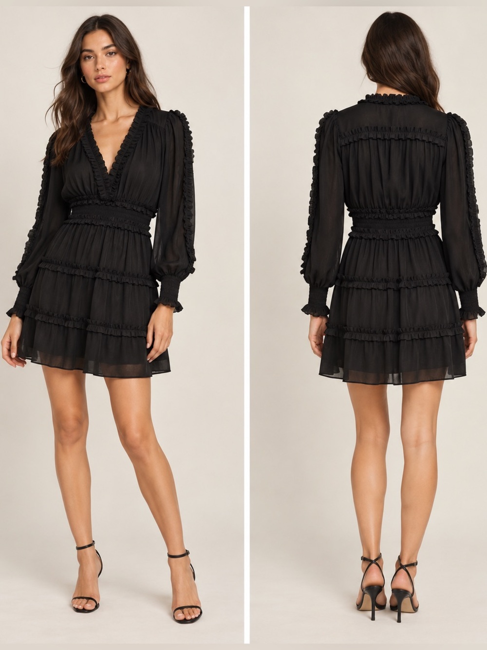 o.p.t Silky Black Pleated Ruffle Tiered V-Neck Mini Dress XS